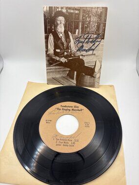 Signed Tombstone Slim The Singing Marshall 45 RPM Vinyl Record & Postcard Set